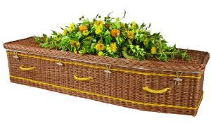 Somerset Willow Traditional Coffin in Buff willow with Yellow Bands and Handles