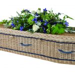 Somerset Willow Traditional Coffin in Gold willow with Navy Bands and Handles