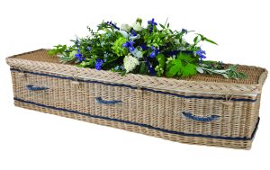Somerset Willow Traditional Coffin in Gold willow with Navy Bands and Handles